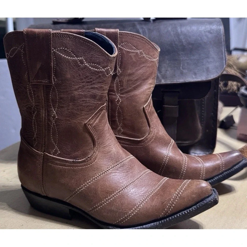 Kids Brown‎ Leather Cowboy Boots No Size On The Boot